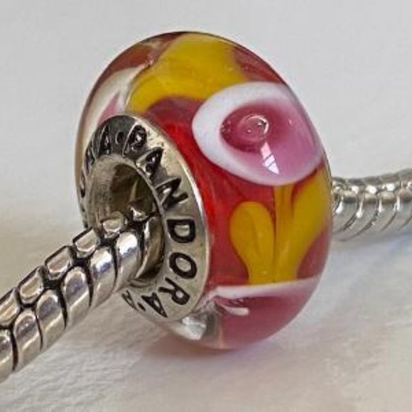 PANDORA Silver 925 ALE Murano Glass Screw Core Pink, Yellow, Red  Flower Blossom - Picture 2 of 8